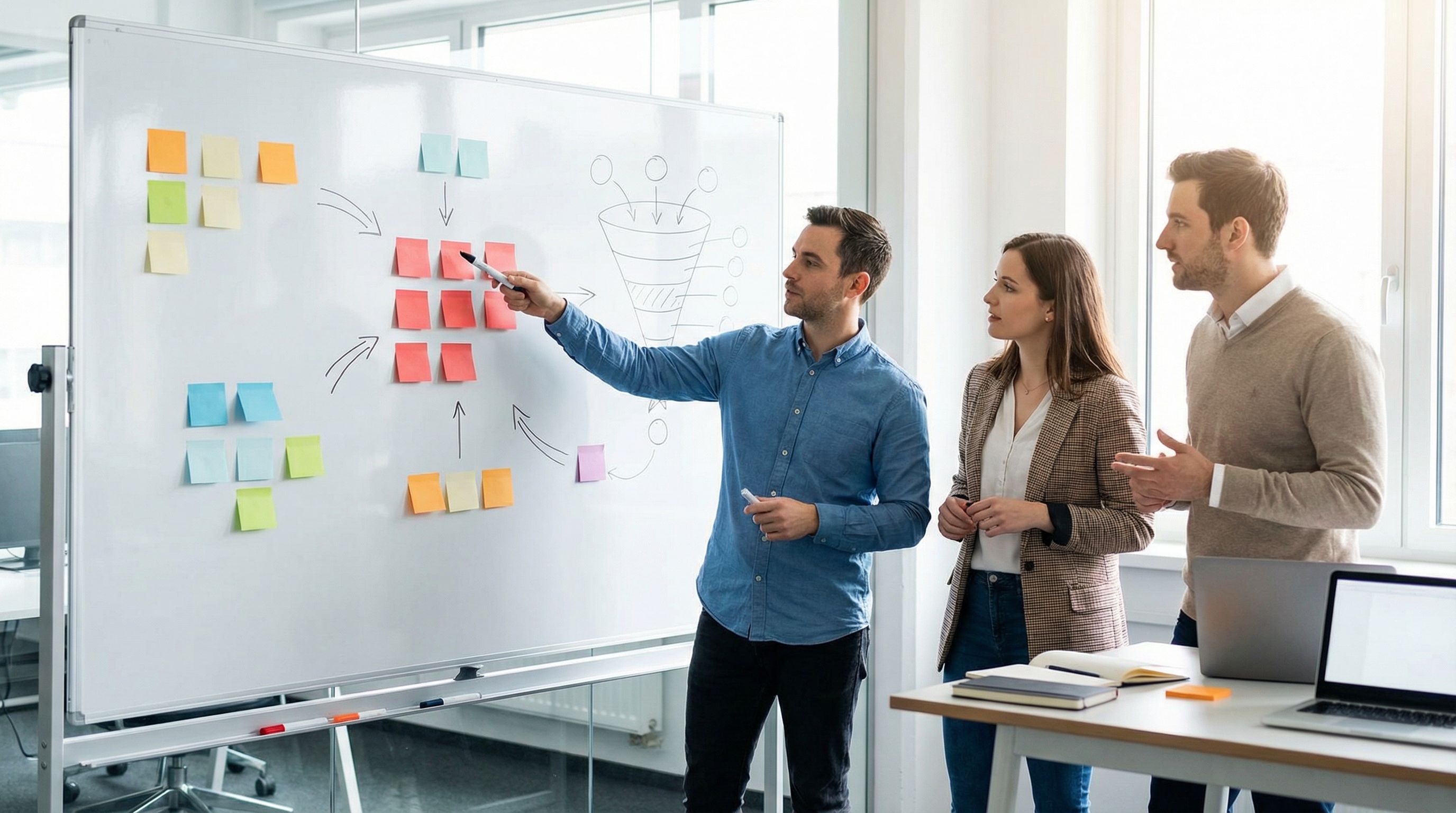 Whiteboard in a modern office covered with sticky notes and a hand-drawn funnel diagram, a small tea