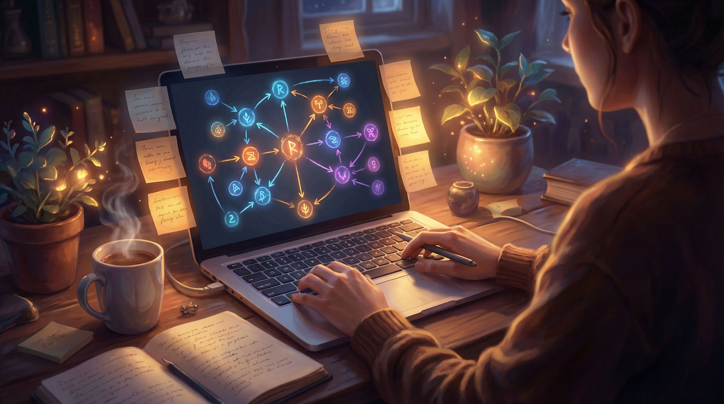 Over-the-shoulder view of a creator at a desk editing a branching story map on a laptop screen, with