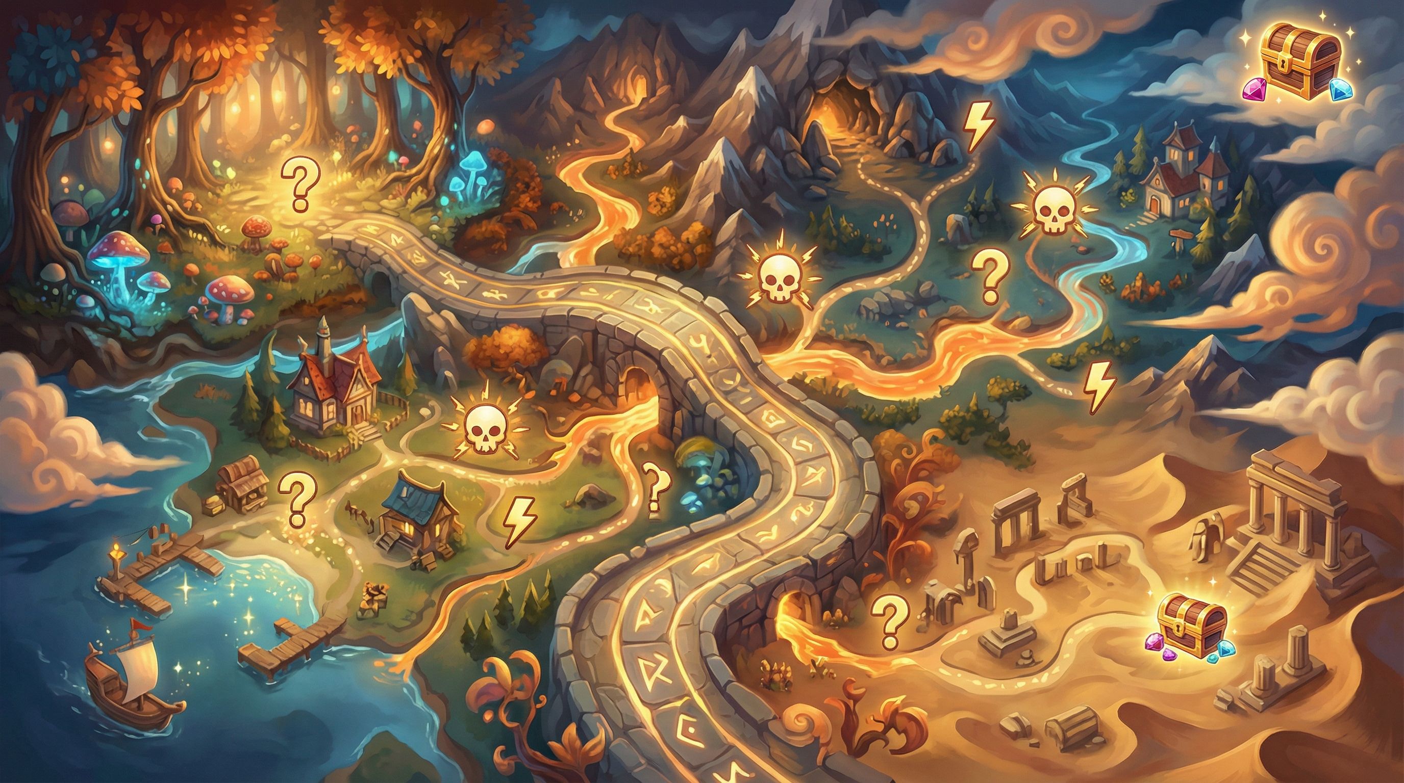 A stylized, illustrated adventure map viewed from above, showing a clear main road winding through l