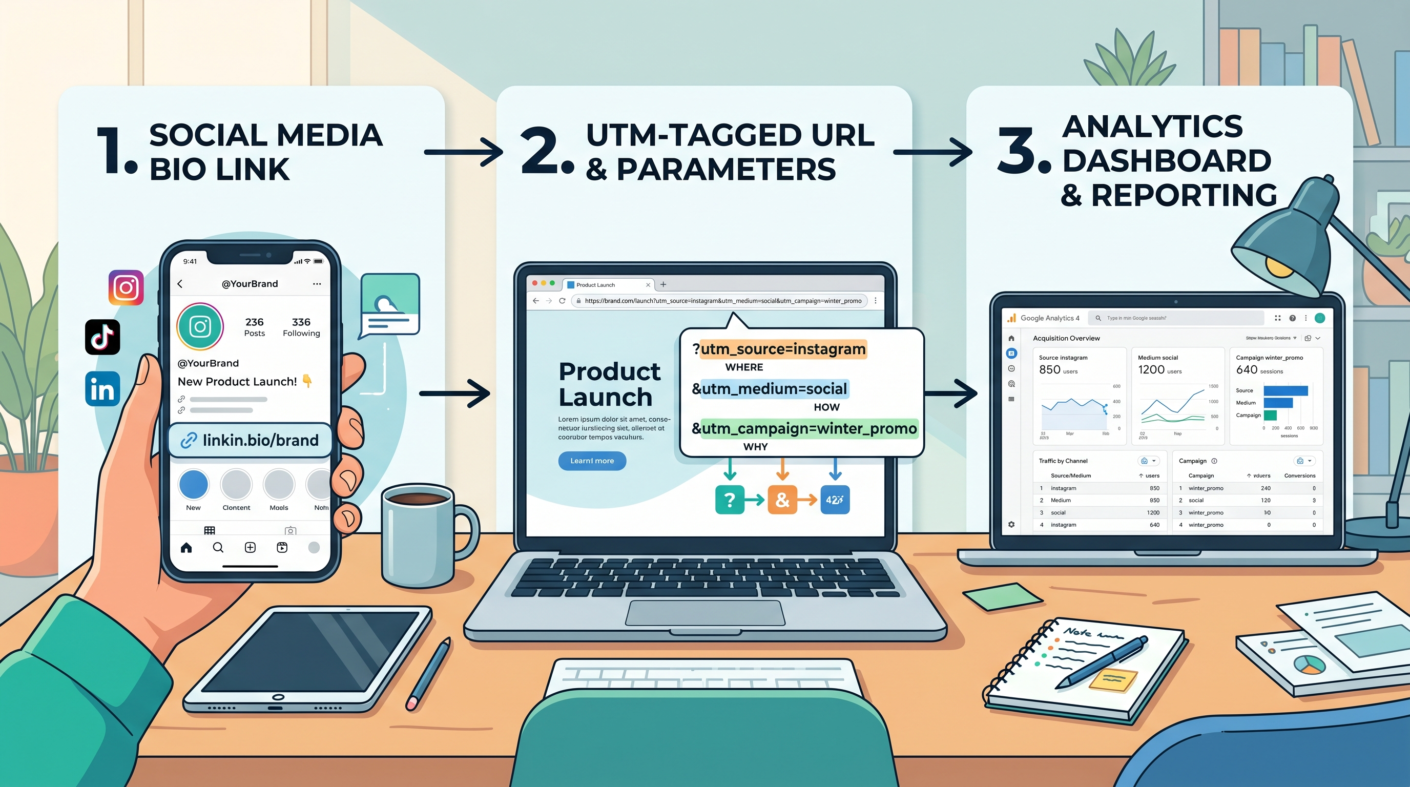 A diagram showing the flow from social media bio link through UTM-tagged URL to analytics dashboard with source, medium, and campaign parameters