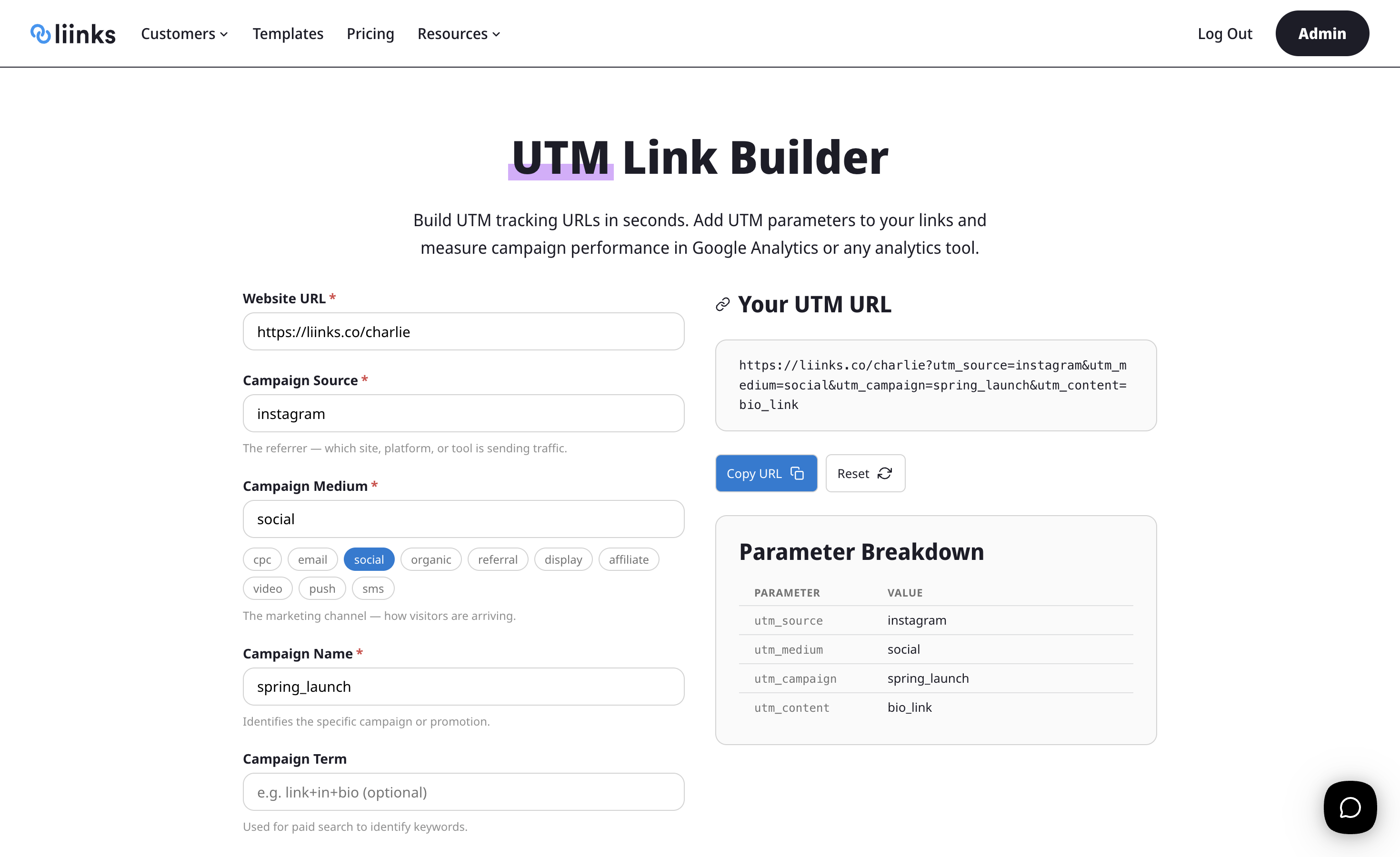 Screenshot of the Liinks UTM Link Builder with example values filled in showing the generated URL and parameter breakdown
