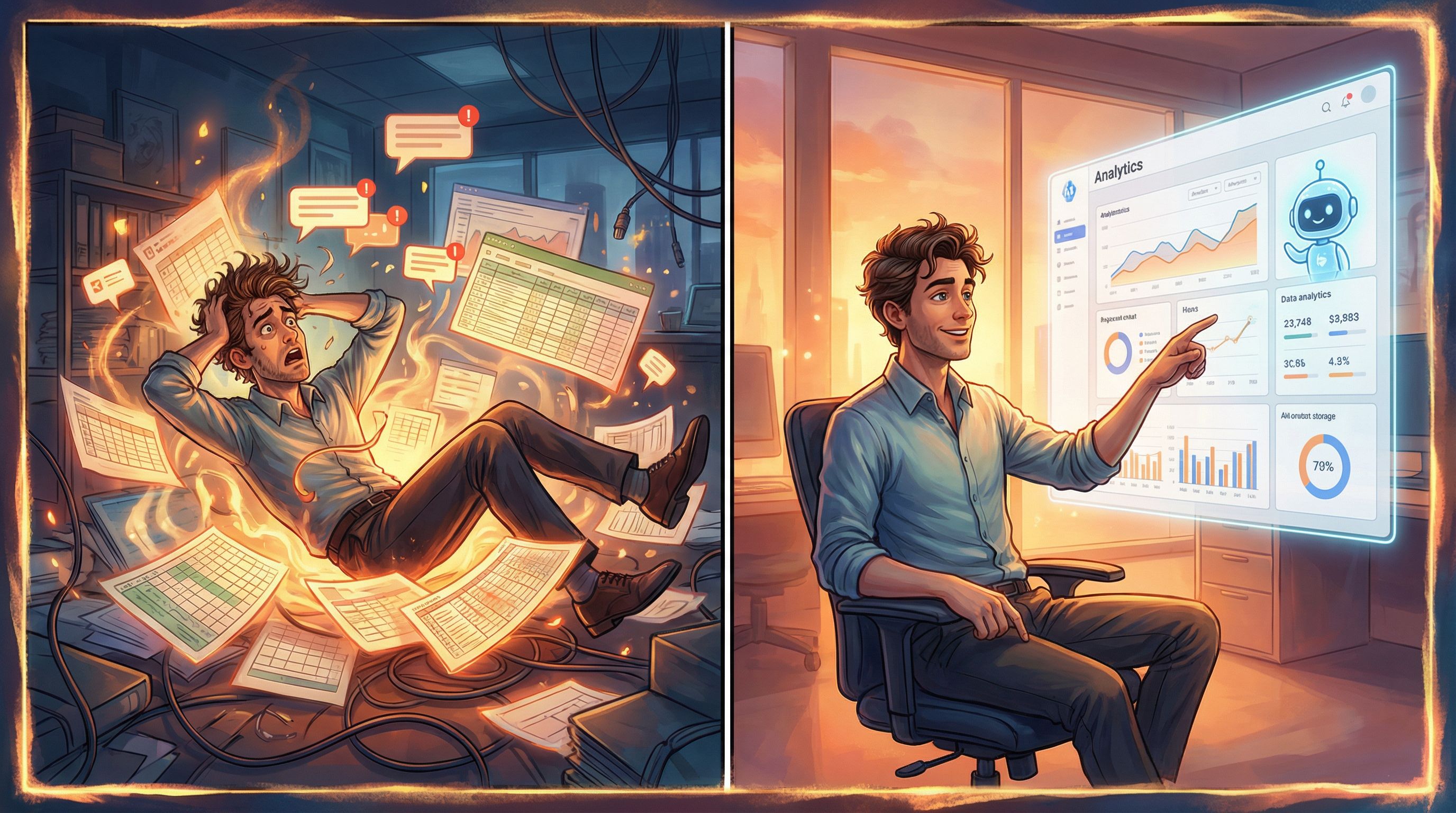 Split-screen illustration of a marketer on the left drowning in messy spreadsheets and notifications