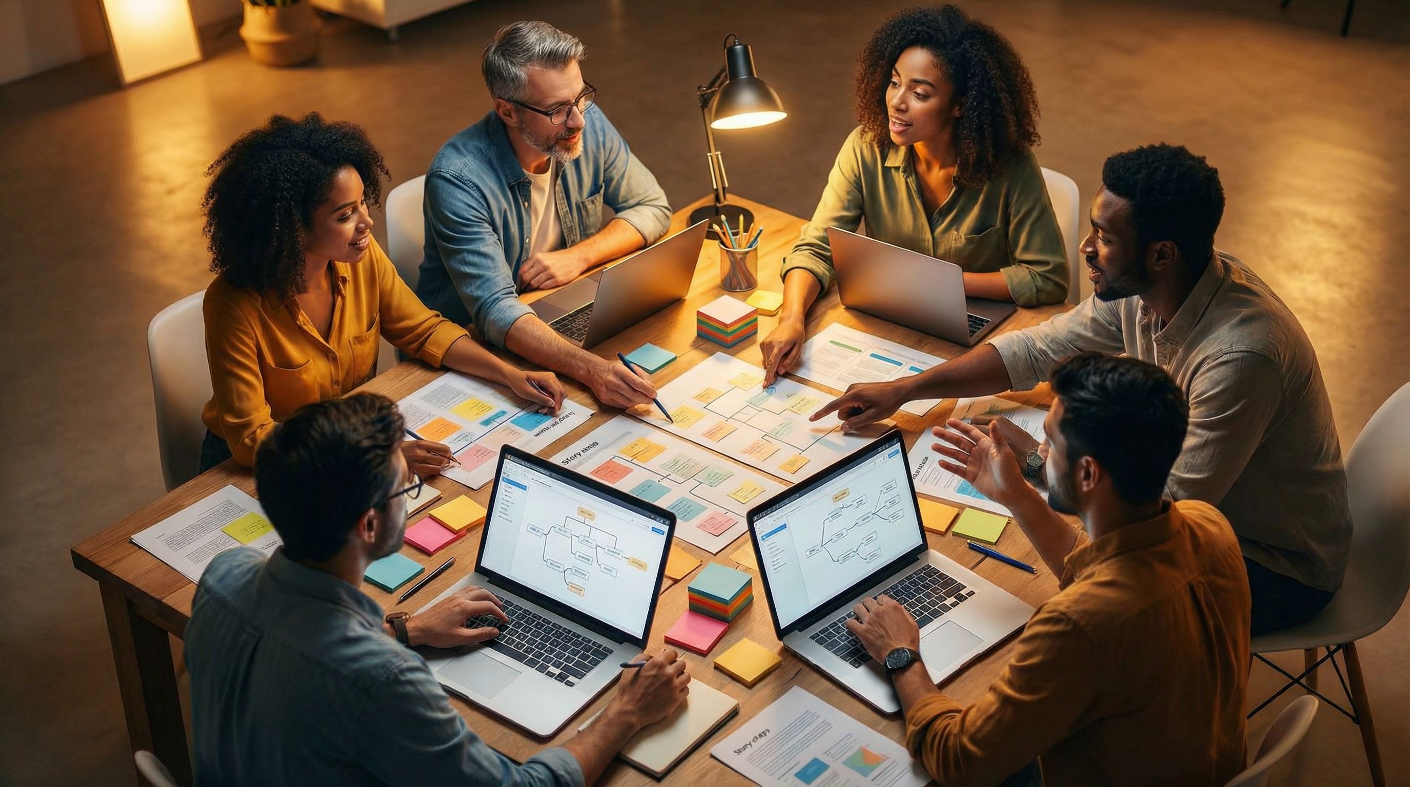 Overhead view of a product marketing team collaborating around a large table covered with printed st