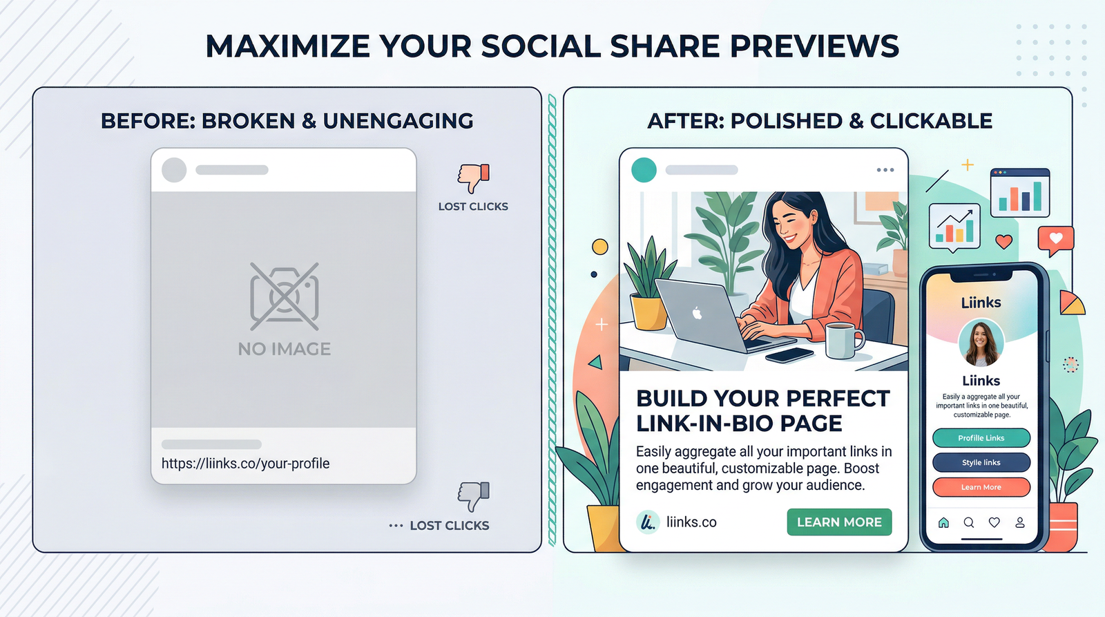A split-screen comparison: on the left, a broken share preview with a missing image and plain URL; on the right, a polished preview with a rich image, bold headline, and clean description