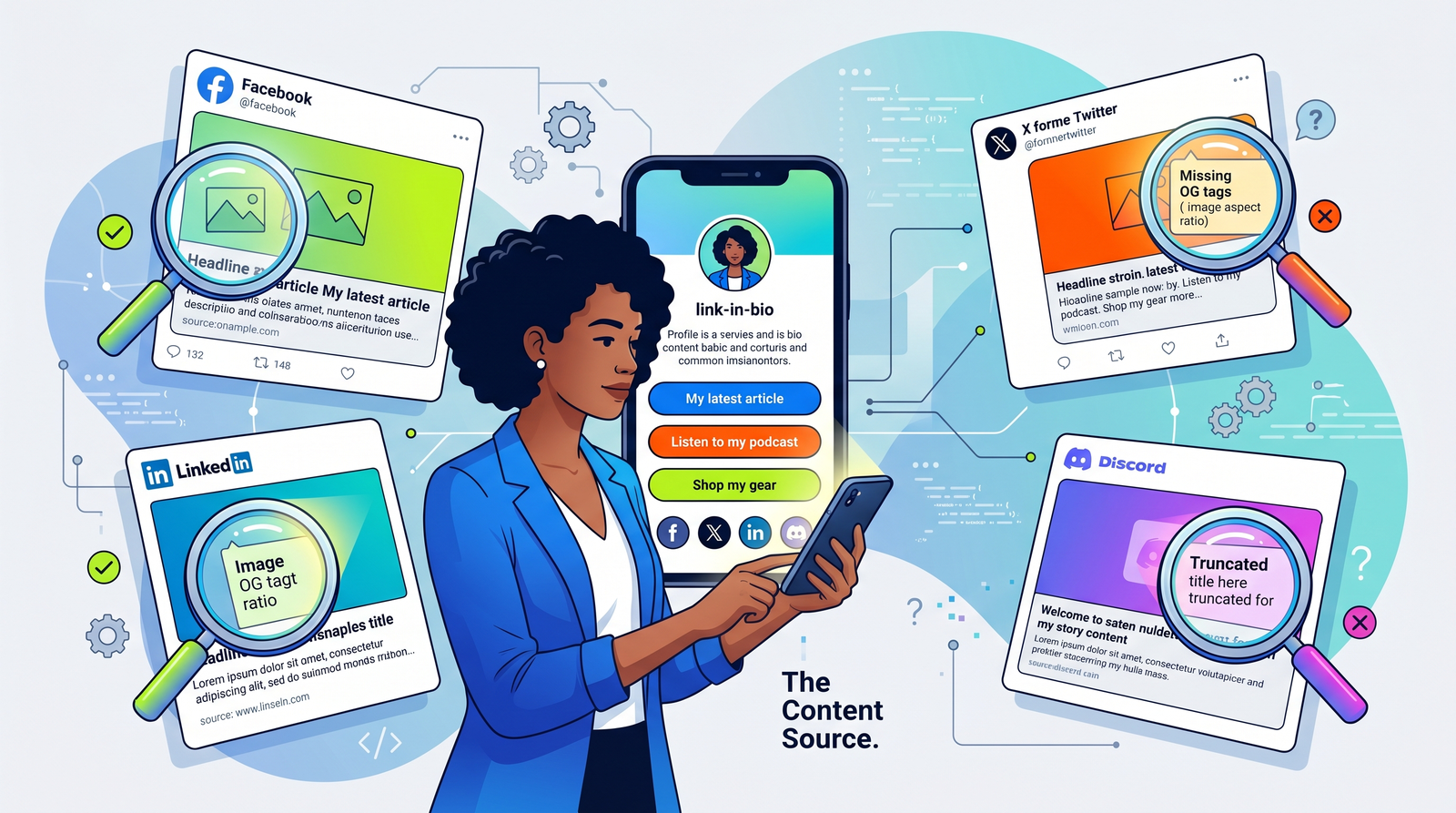 A creator holding a phone showing a link-in-bio page, surrounded by floating social share cards being inspected by magnifying glass icons