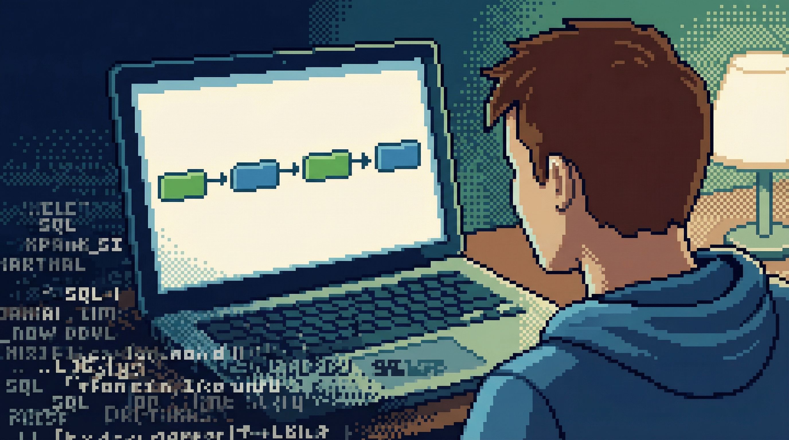 an over-the-shoulder view of a developer calmly reviewing a clean, linear trail of database steps on