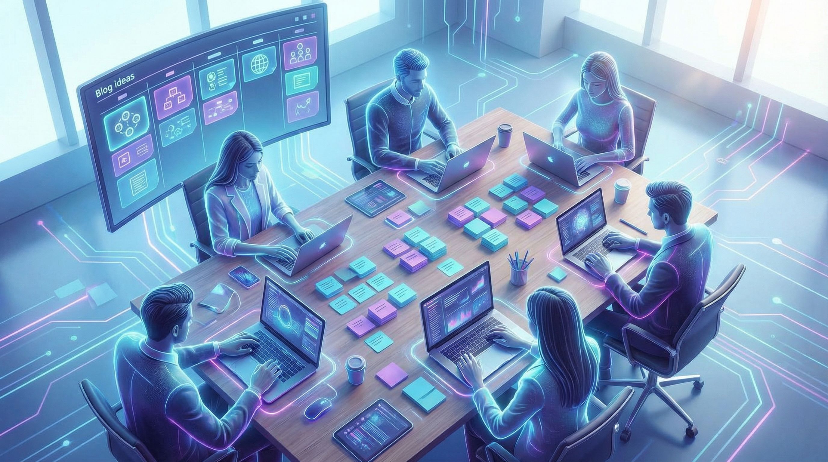 Overhead view of a marketing team around a table covered with sticky notes, laptops, and a large scr