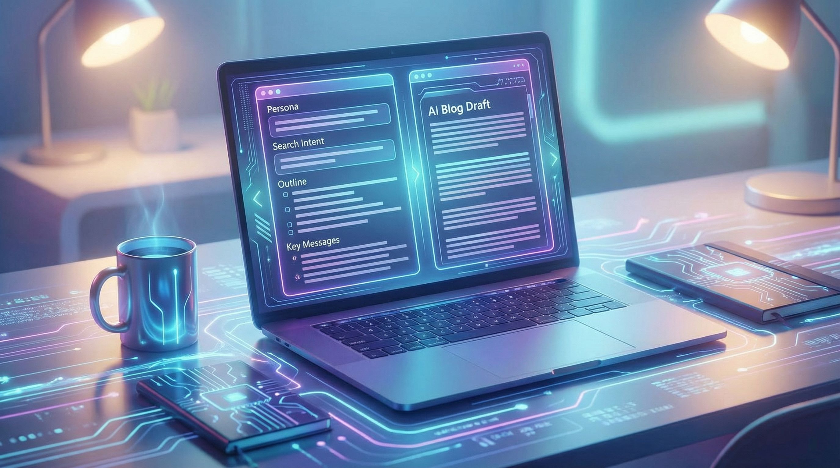 Close-up of a laptop screen showing a detailed content brief template with fields for persona, searc