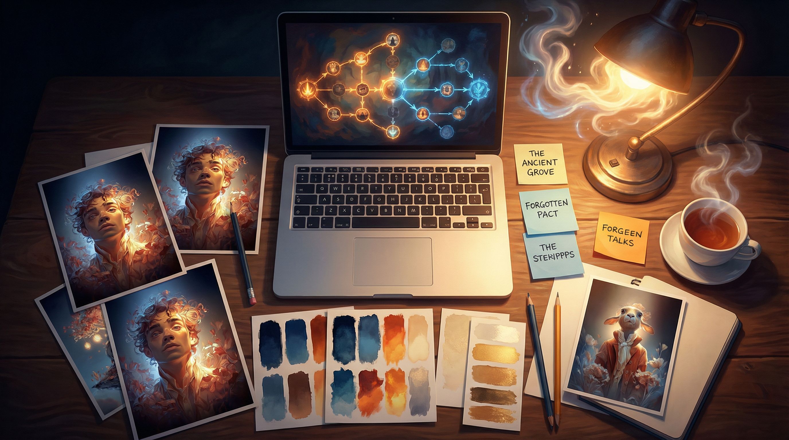 overhead view of a creator’s desk showing a laptop with a branching Questas story map on screen, sur