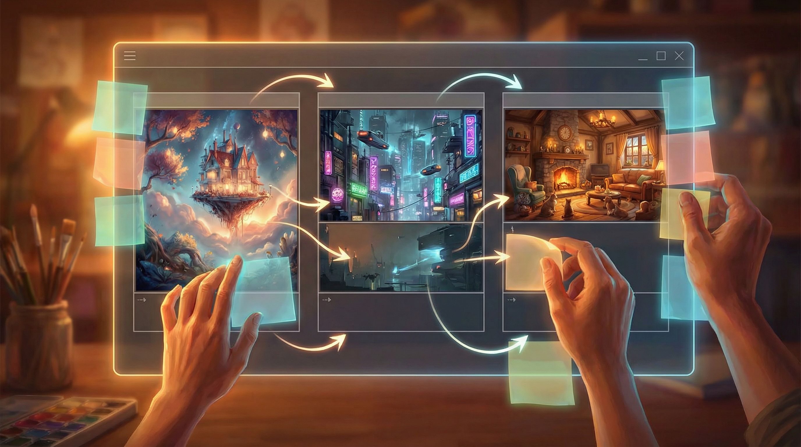 wide split-screen image of multiple AI art styles—painterly fantasy, gritty sci‑fi, cozy slice‑of‑li