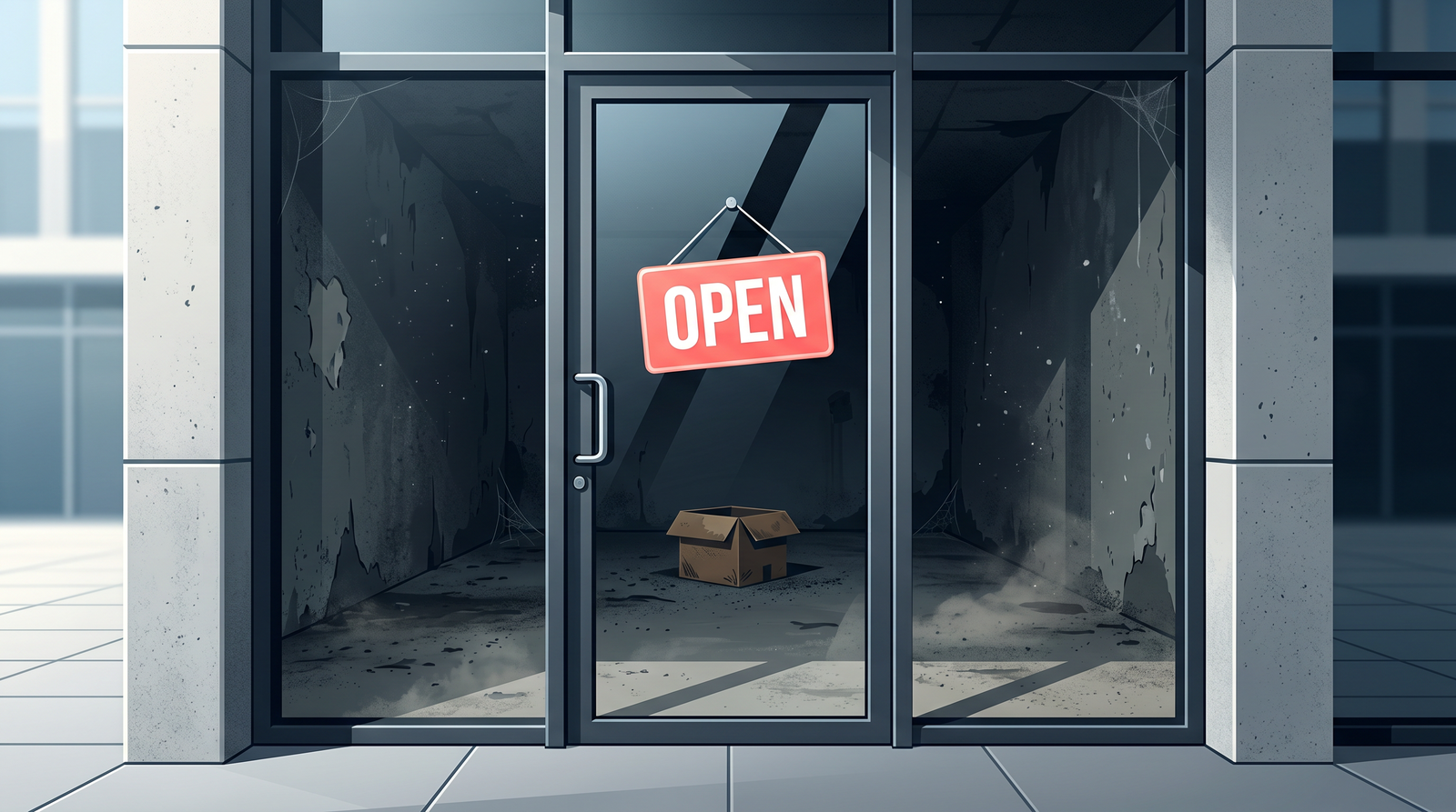 A glass door with a bright coral OPEN sign but behind it only an empty room with a lonely cardboard box — a link that promises more than it delivers
