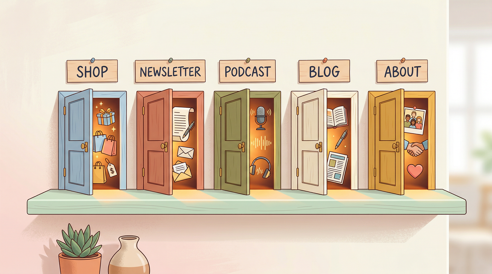 A row of small doors on a pastel shelf, each labelled 'Shop', 'Newsletter', 'Podcast', each slightly open with warm matching light spilling out — a visual metaphor for links that honestly preview what's behind them