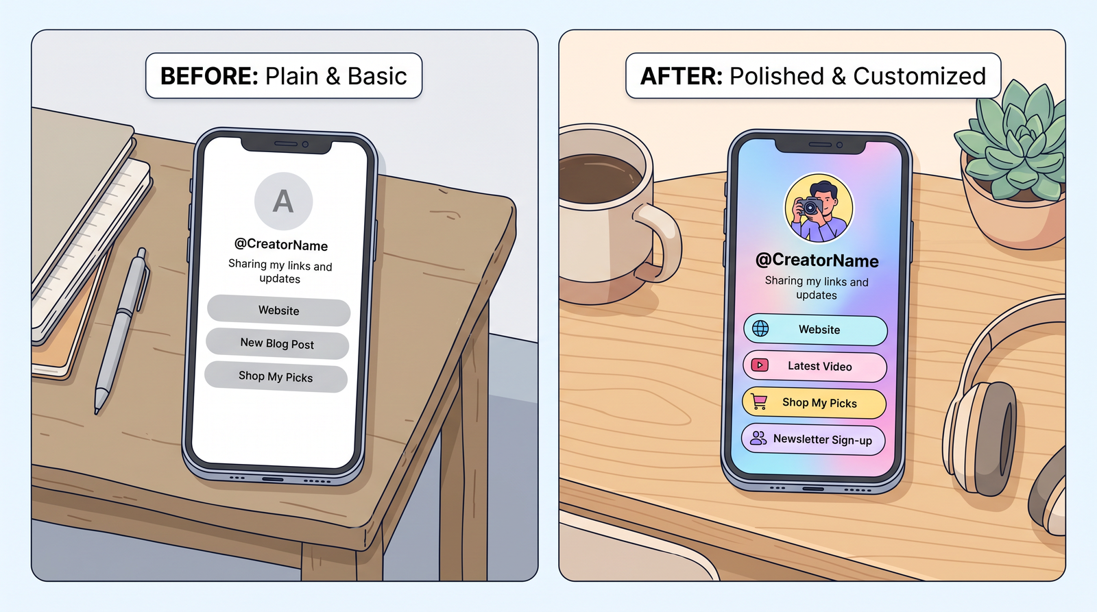 A side-by-side comparison of a plain link-in-bio page next to a polished one with a colorful mesh gradient background