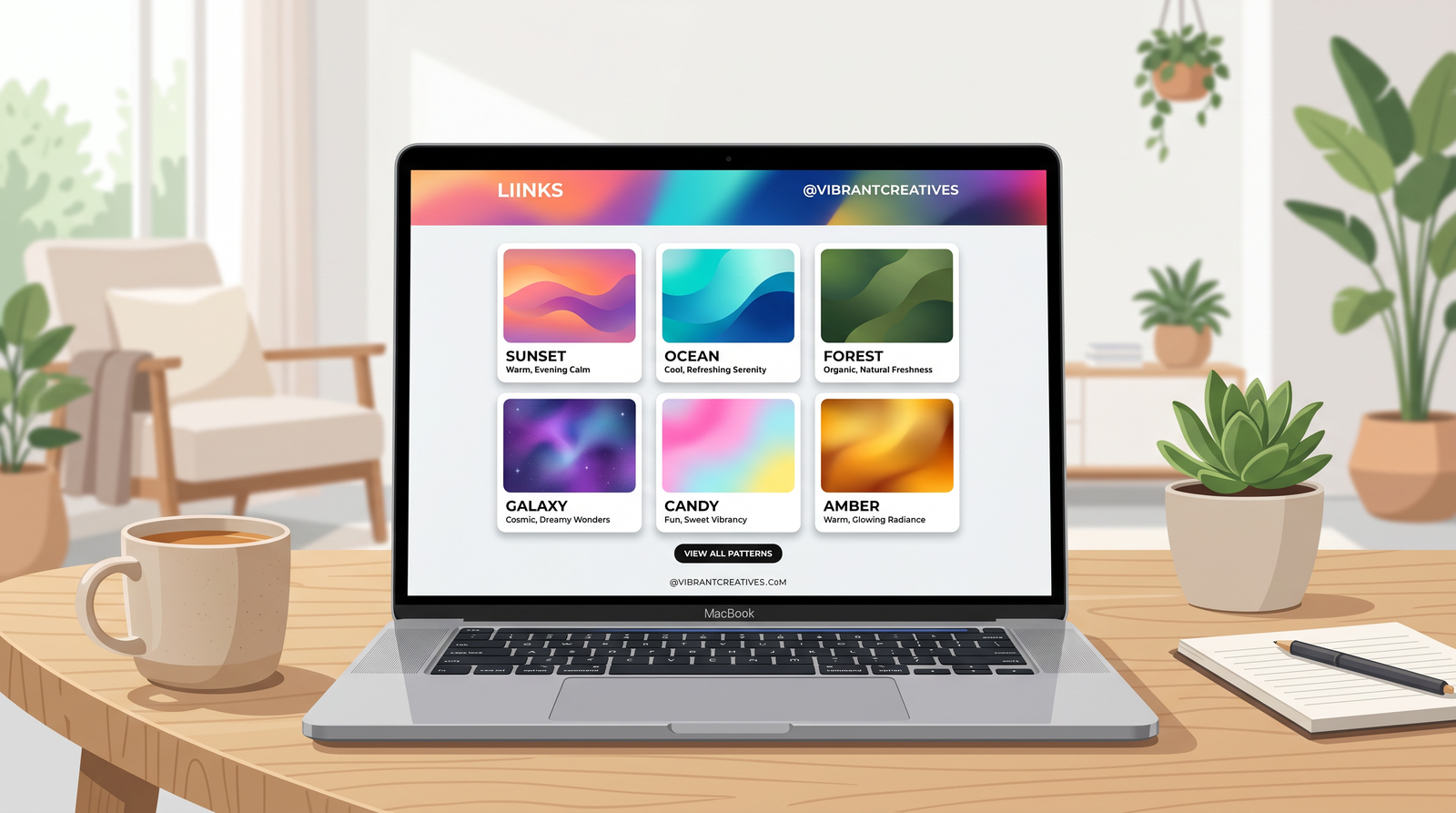 An array of six colorful abstract gradient patterns arranged in a grid, each with a distinct mood from sunset to ocean to galaxy tones