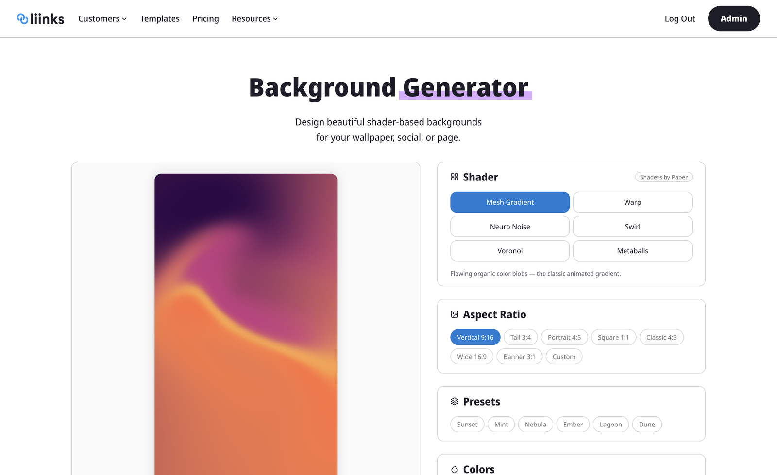 The Liinks Background Generator interface showing a Mesh Gradient shader preview with shader selection, aspect ratio, and preset controls