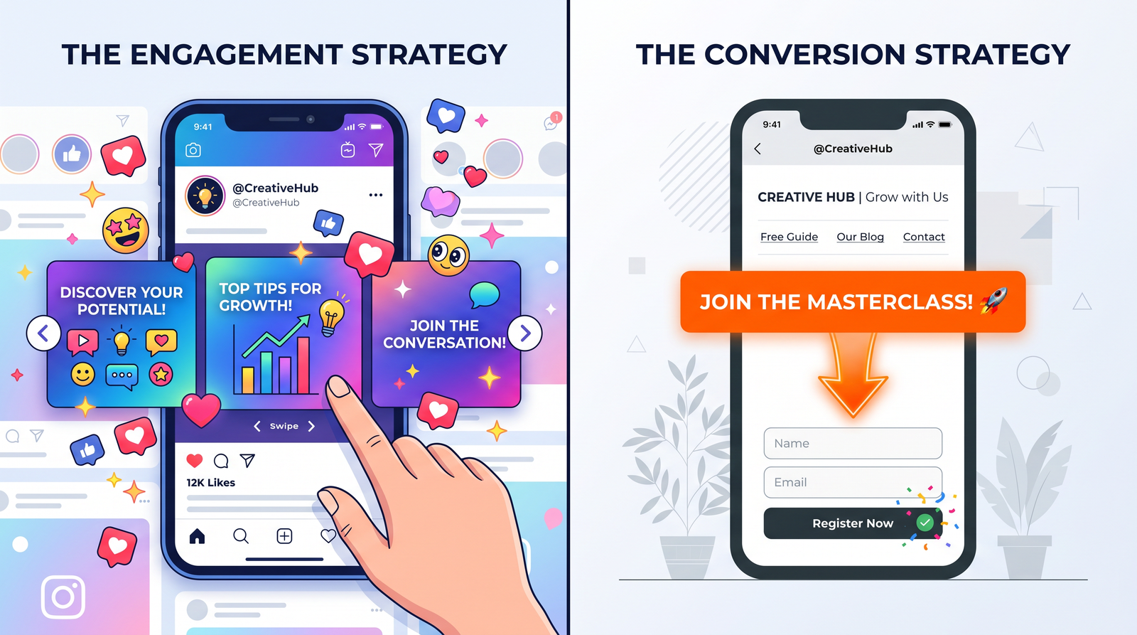 A split scene showing content being consumed in a social feed on the left with engagement hearts, contrasted with a clean link-in-bio page with a single CTA on the right