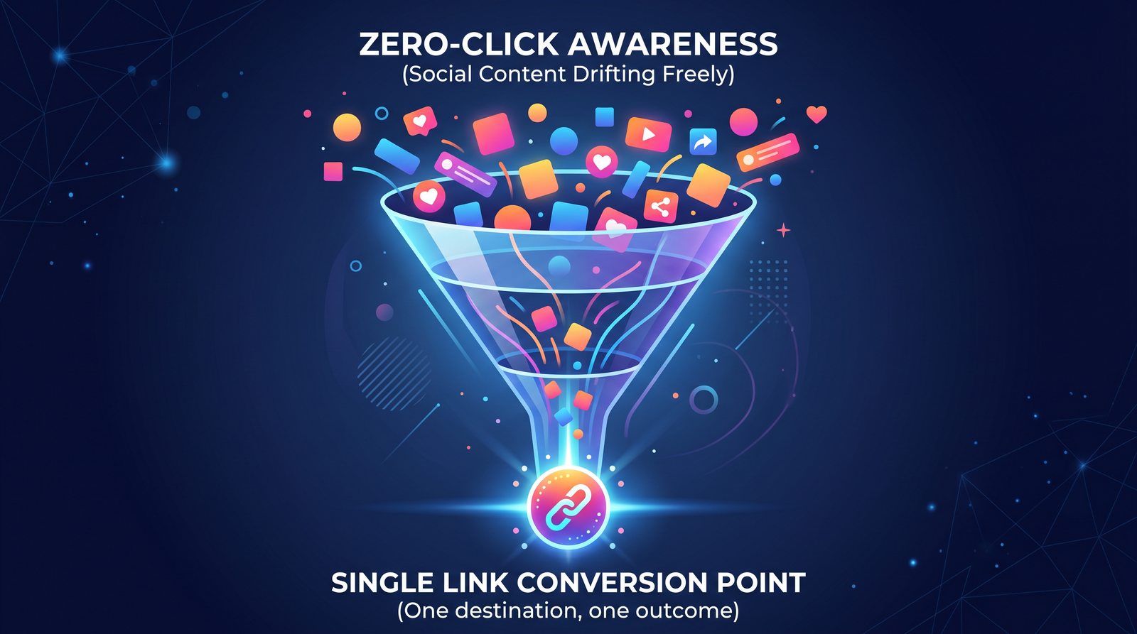 An abstract funnel where floating social content shapes at the top drift freely, narrowing down to a single glowing bio link icon at the bottom — representing zero-click awareness channeling into one conversion point