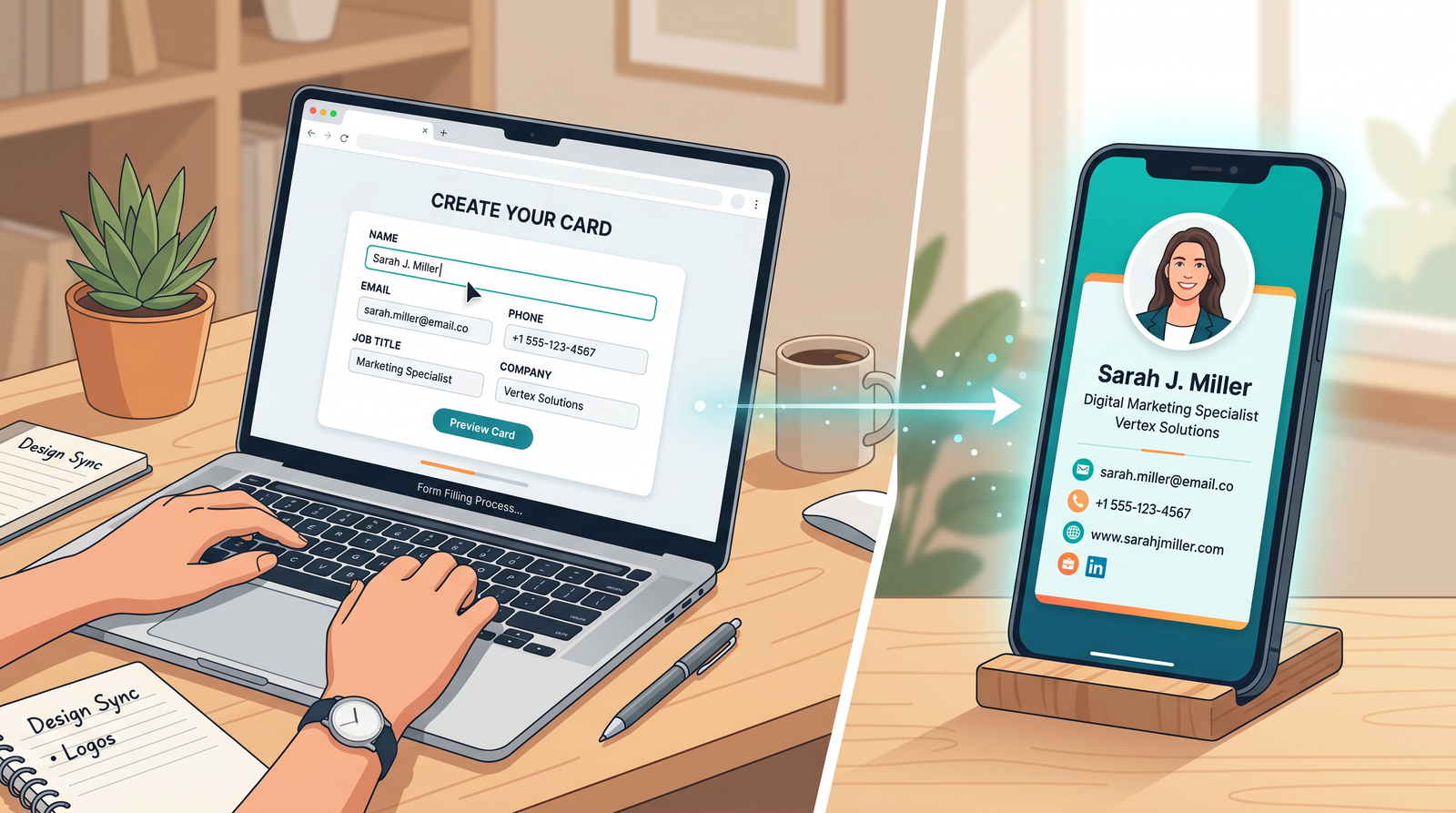 A form being filled out with contact details on one side and a polished digital business card preview appearing on the other