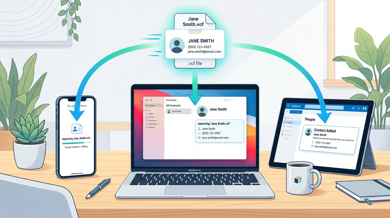 A vCard contact file syncing across multiple devices including phones and laptops with contact management apps