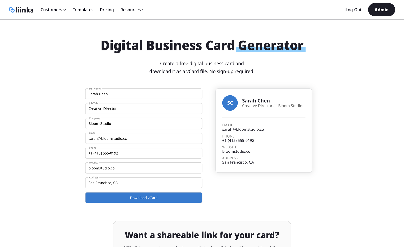 The Liinks Digital Business Card Generator with sample data filled in, showing the form on the left and live preview card on the right