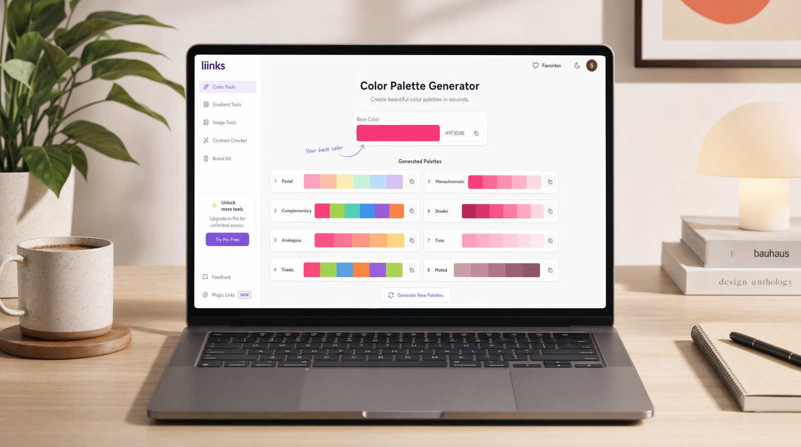 A laptop displaying a color palette generator tool with multiple generated palette strips — pastels, complementary, analogous, and monochromatic — in a minimal creator workspace