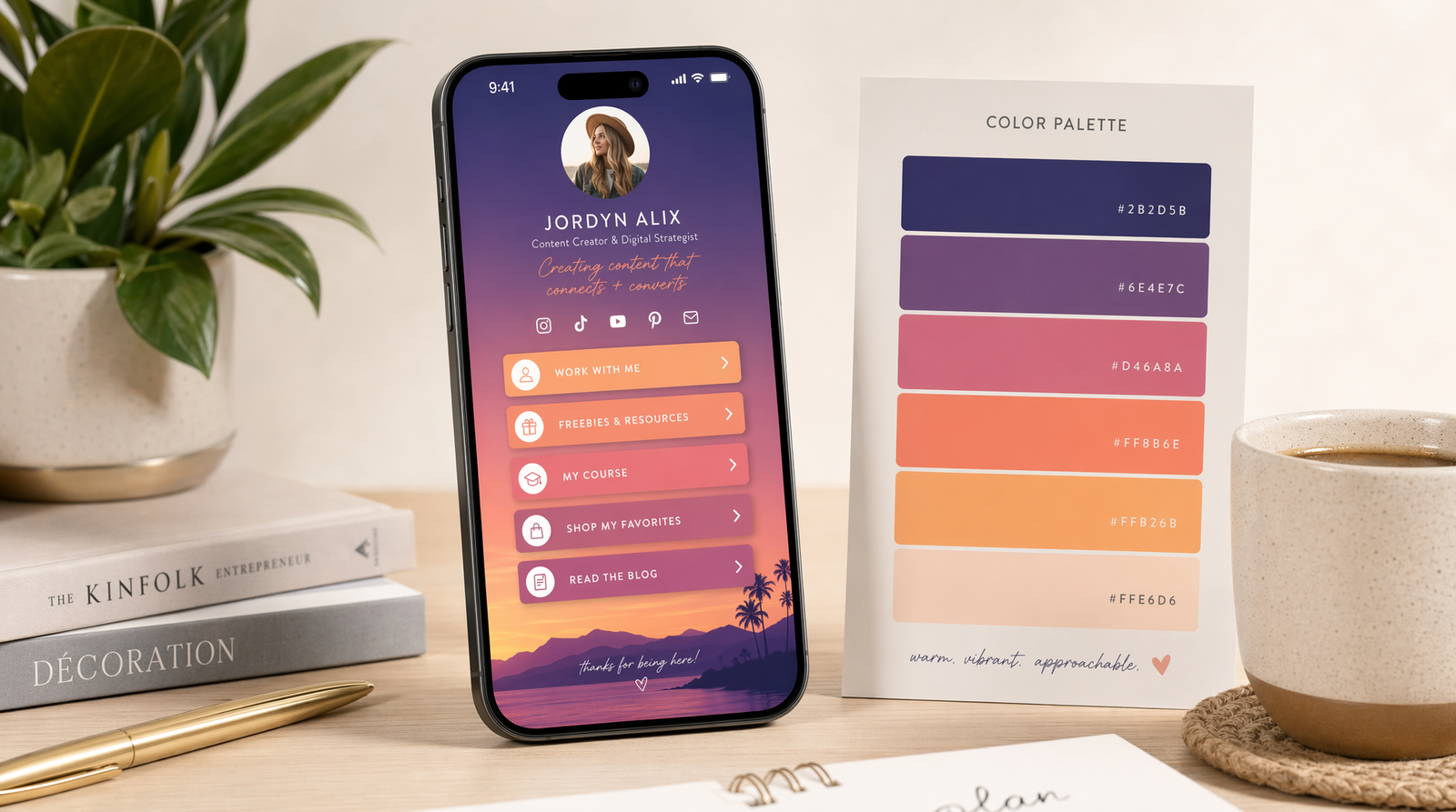 A smartphone displaying a link-in-bio page with a cohesive color palette — matching button colors, background gradient, and accent tones working in harmony — next to matching color swatches