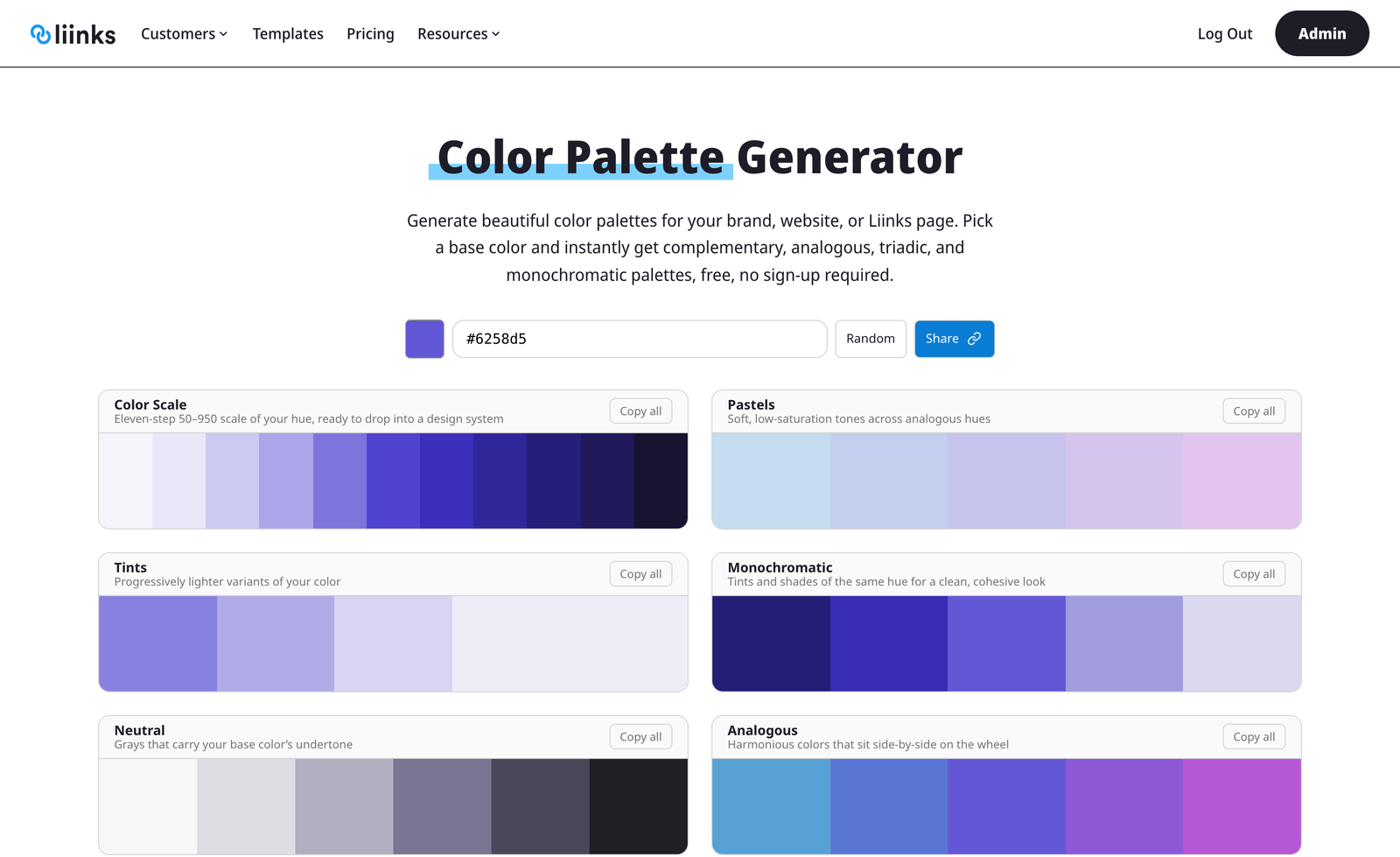 The Liinks Color Palette Generator showing eight palette types generated from a single purple base color