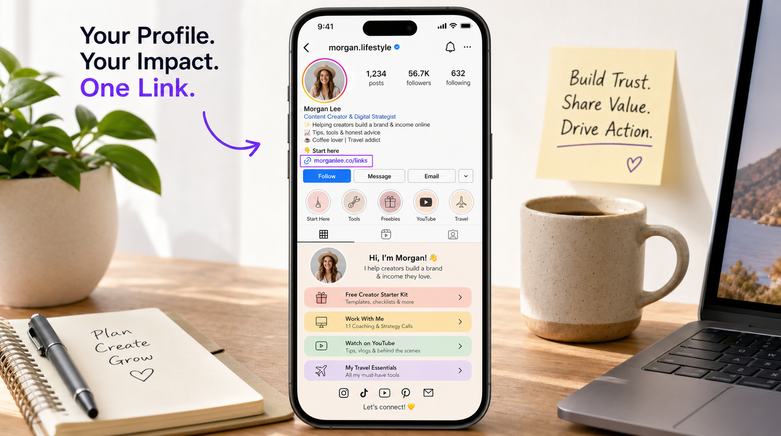 A smartphone displaying a polished Instagram profile with a sharp bio section and link-in-bio area highlighted, sitting on a creator's desk in soft natural light