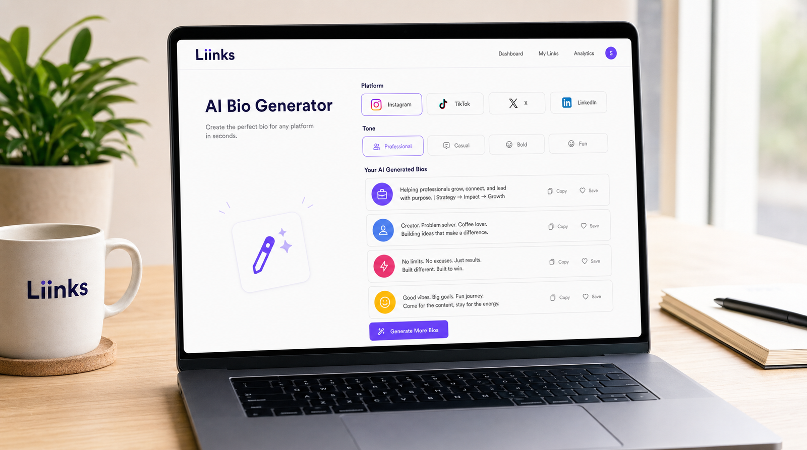 A laptop screen showing the AI bio generator interface with platform selectors at the top, tone chips below, and four generated bio result cards stacked underneath