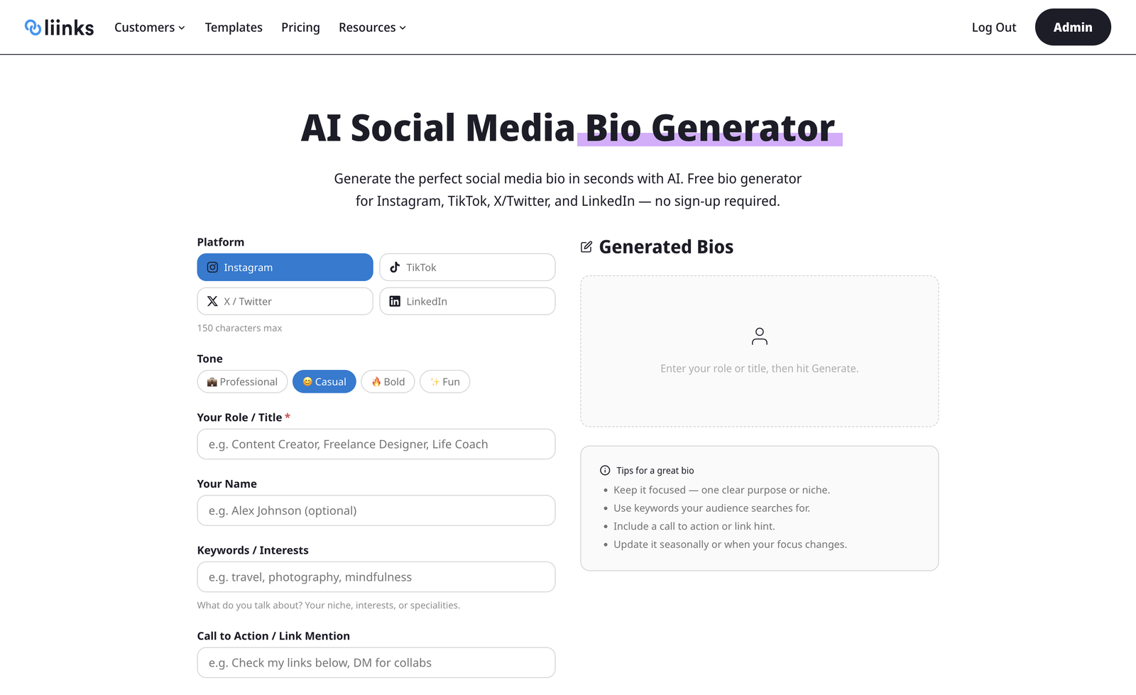 Screenshot of the AI Social Media Bio Generator page on Liinks, showing platform selector tabs, tone chips, role/name/keywords inputs, and a tips panel on the right