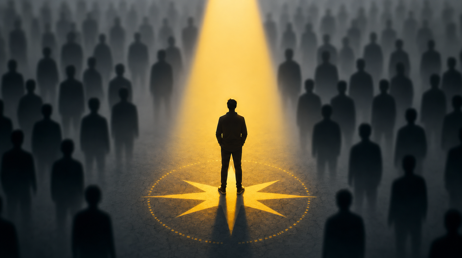 A bright spotlight illuminating one sharply defined silhouette while indistinct identical silhouettes blur into a gray background — visual metaphor for standing out through positioning