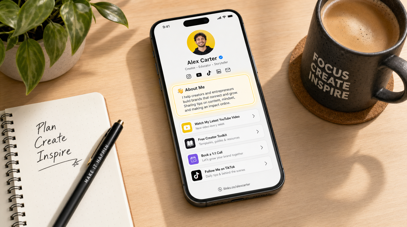 A smartphone displaying a sharply-defined personal profile screen with a clear bio area highlighted by a soft glow, on a creator's desk with a notebook and coffee — focused, intentional positioning made visible