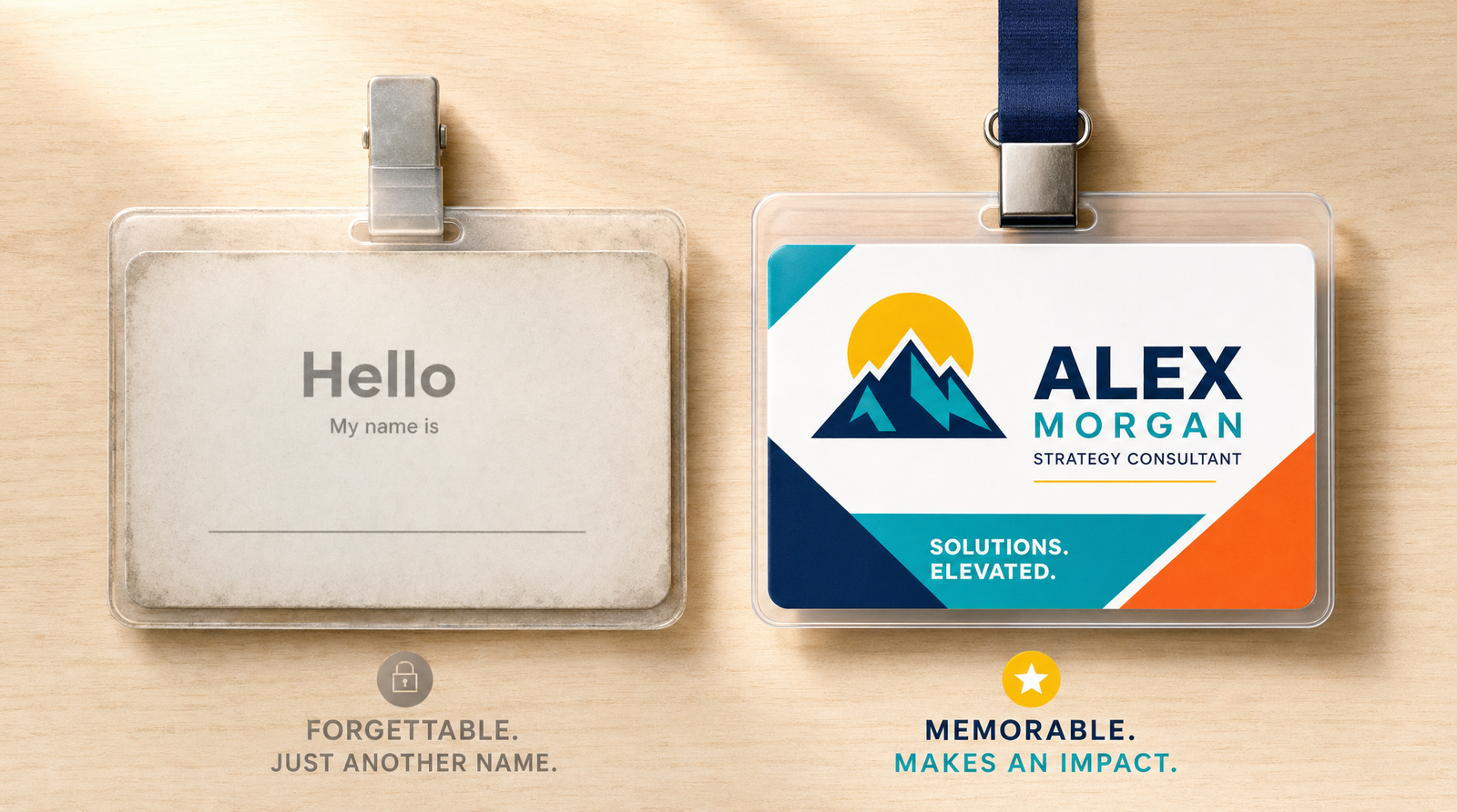 Two business name tags side by side on wood — one plain and forgettable, the other bold and distinctive with a confident geometric badge — visual contrast between generic and specific positioning