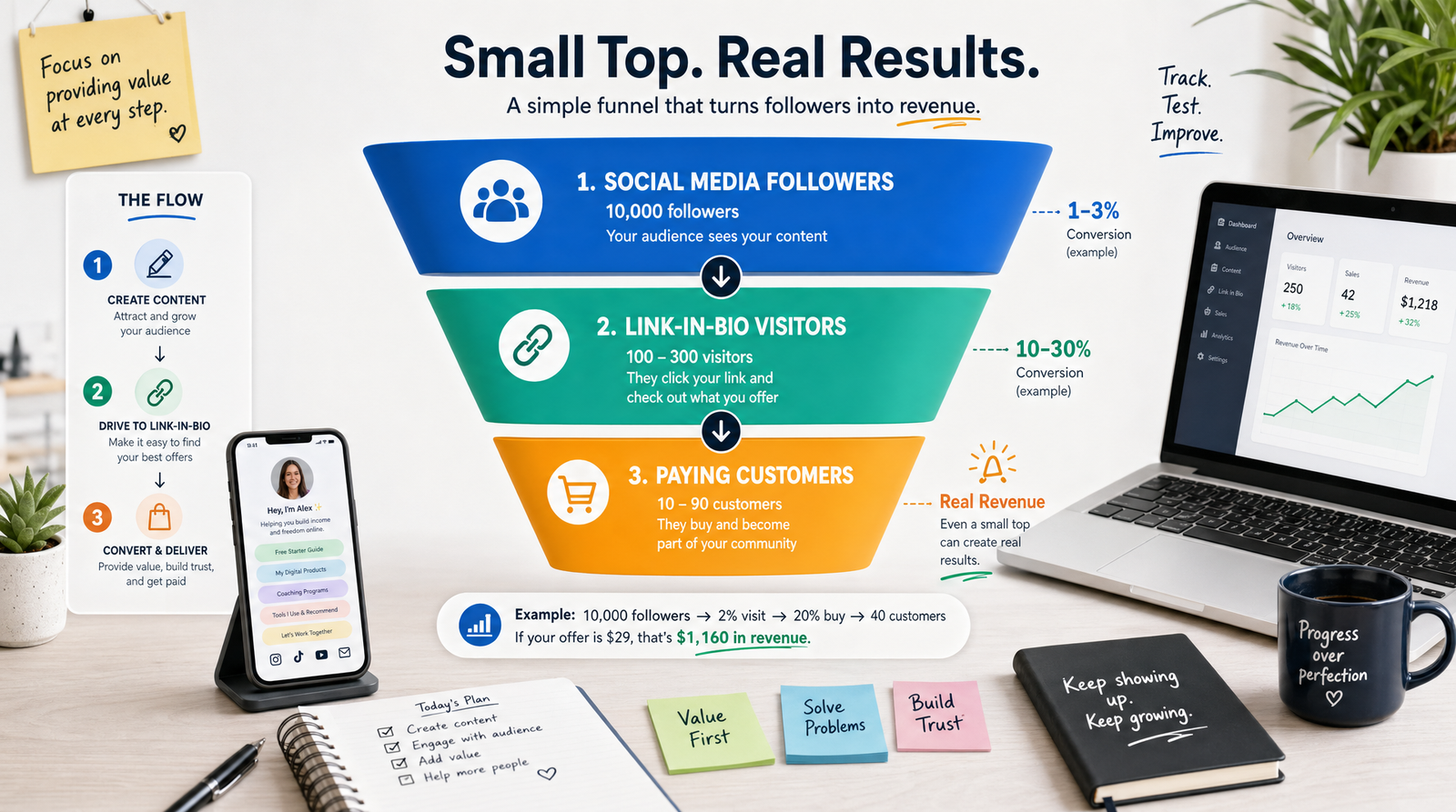A funnel diagram showing three layers — social media followers at the top, link-in-bio visitors in the middle, and paying customers at the bottom — illustrating that a small top of funnel can still produce real revenue
