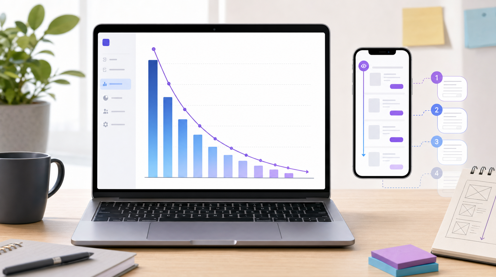 A clean data visualization showing a downward-curving line graph that sharply drops from a tall first bar to progressively shorter bars — illustrating how button clicks decay as users scroll down