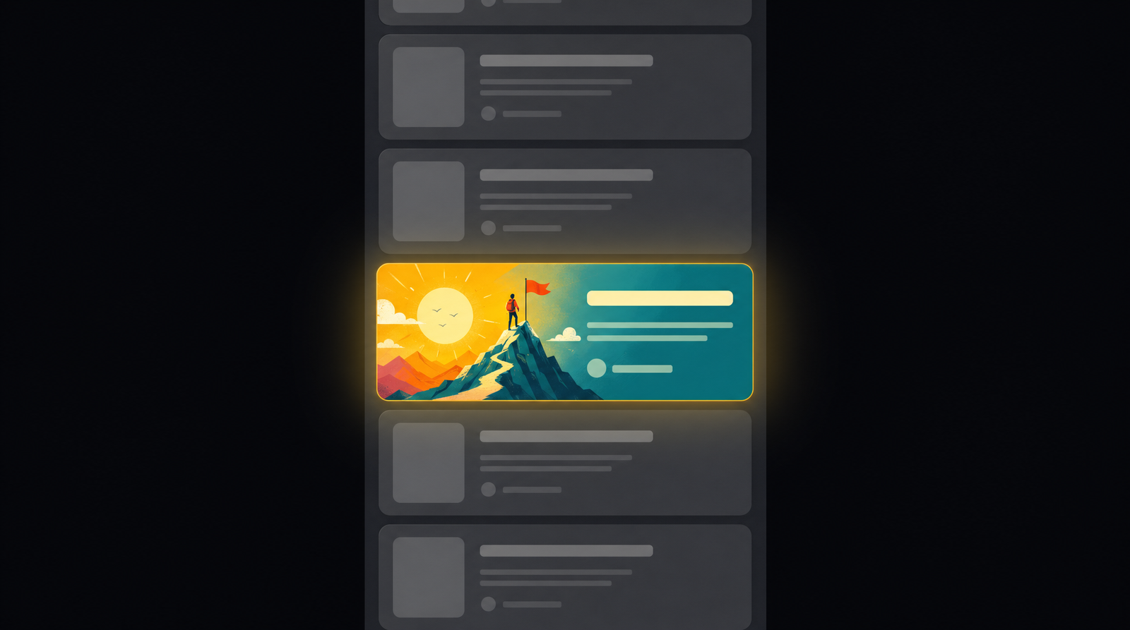 An endless vertical scroll of identical gray content cards stacked in a long column, all blending together — and one single distinctly colorful hand-illustrated card glowing in the middle of the stack, breaking the pattern