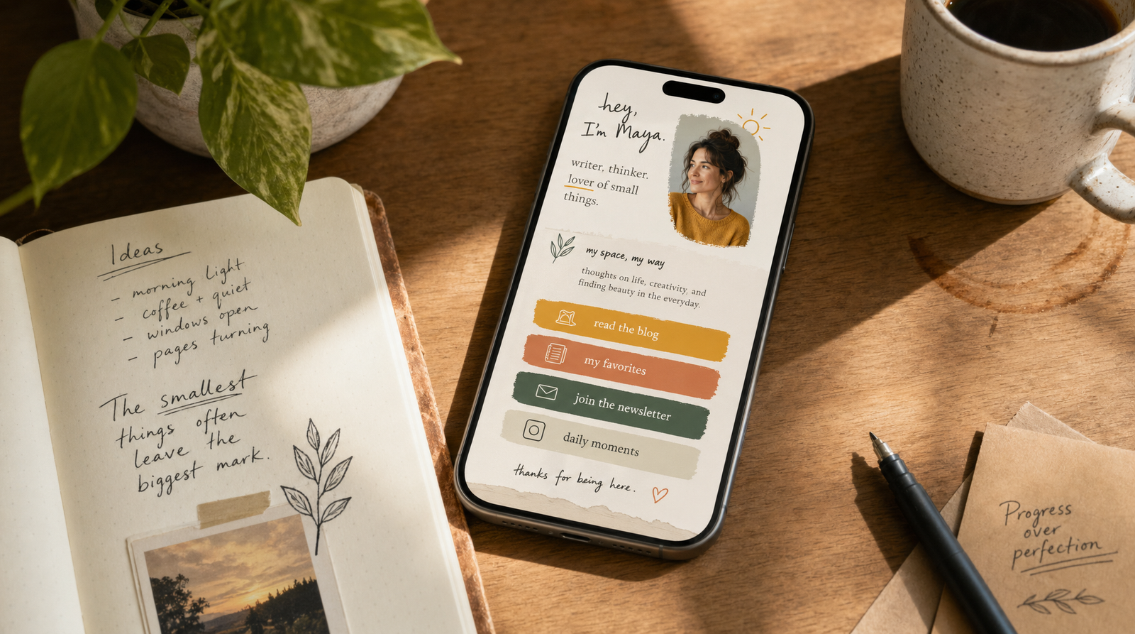 A smartphone on a creator's wooden desk displaying a warmly designed personal link-in-bio page with handwritten-feel touches, surrounded by a worn notebook with handwritten notes, a coffee mug, and a single houseplant in soft warm natural light