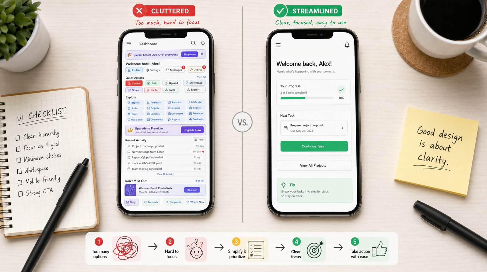 A top-down view of two smartphones side by side — one showing a cluttered page overflowing with too many buttons and links, and the other showing a clean streamlined page with just a few focused buttons