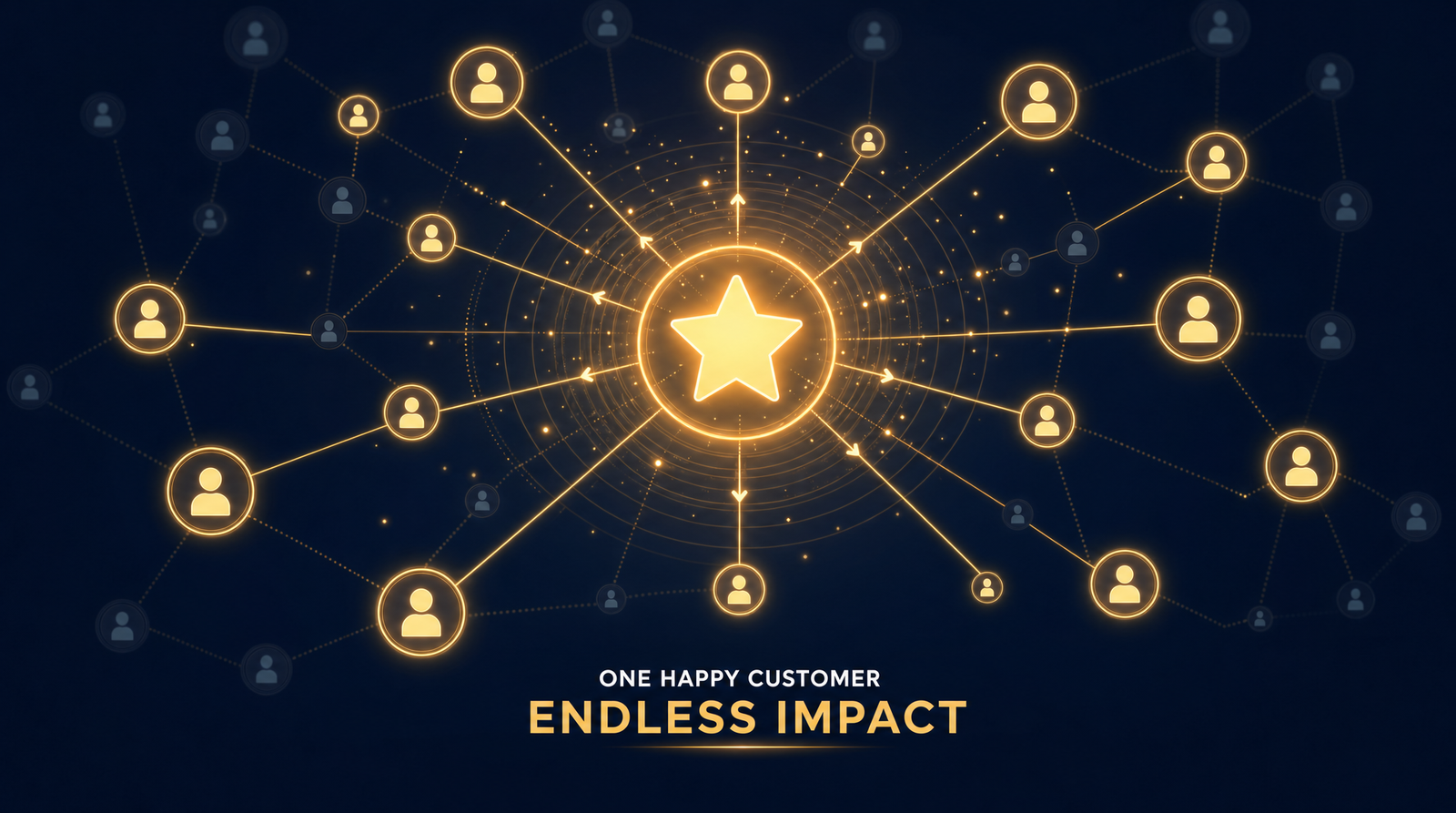 A glowing review star icon radiating outward into a web of connected nodes, showing the ripple effect of one satisfied customer spreading the word to a growing network