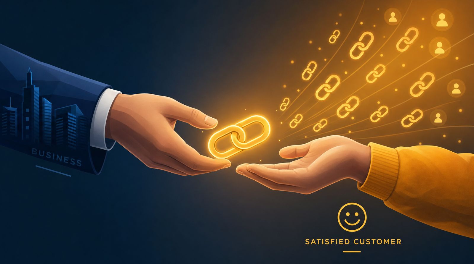 Two hands exchanging a glowing link icon, one representing a business and the other a satisfied customer, with a trail of smaller link icons spreading outward from the customer's hand