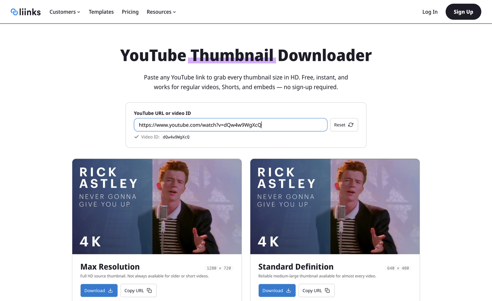 The Liinks YouTube Thumbnail Downloader showing multiple thumbnail sizes for a video, with download and copy URL buttons for each resolution