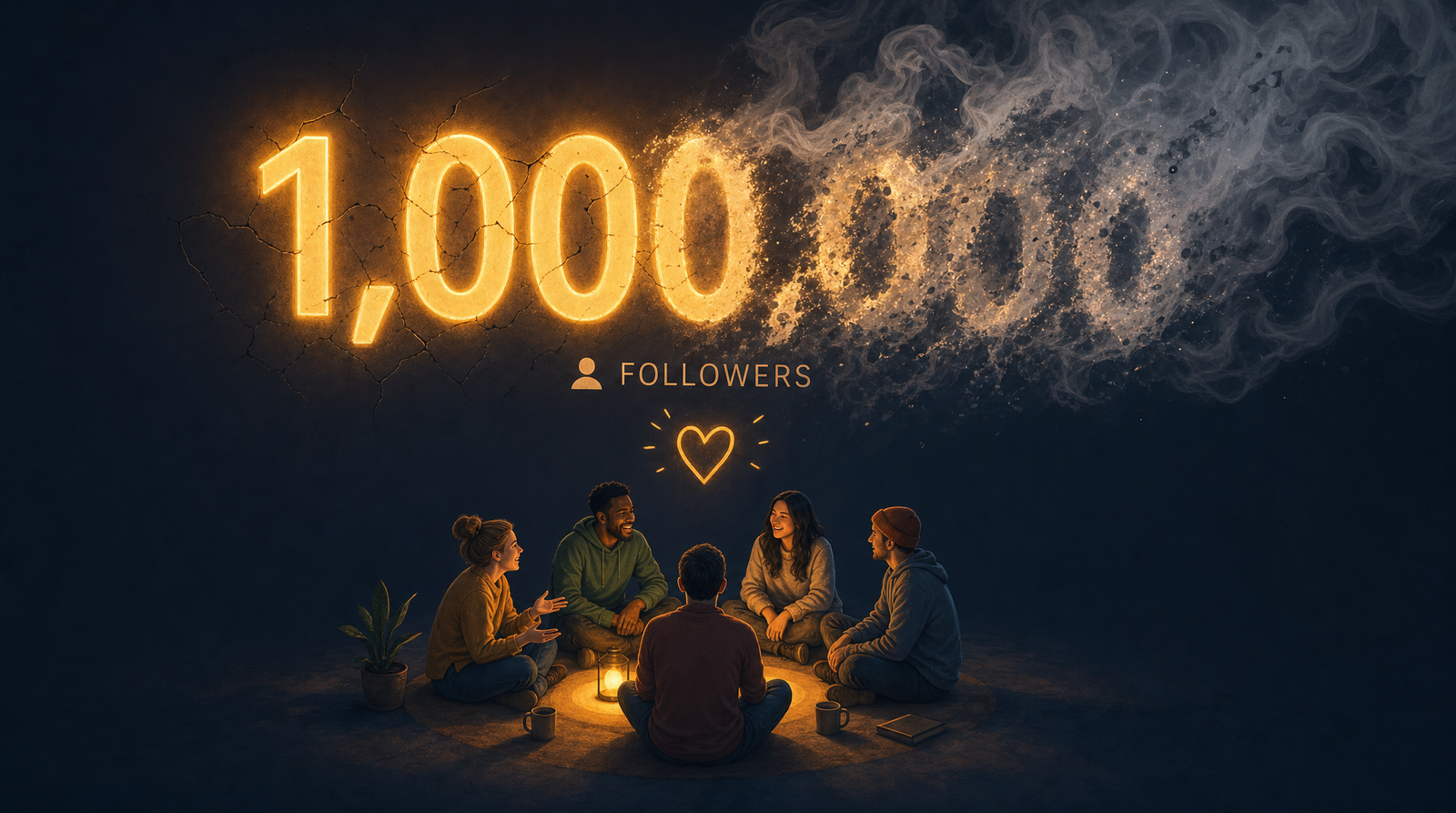 A large glowing follower count number dissolving into smoke while below it a small warm circle of five distinct people sit together engaged in real conversation — vanity metrics are hollow compared to genuine community