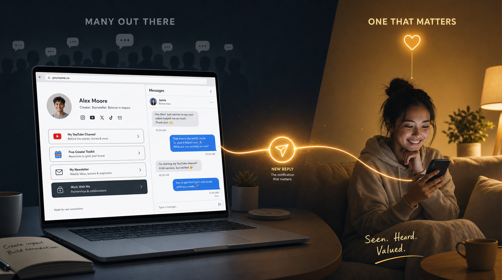 A laptop on a minimal desk showing a clean link-in-bio page with a warm glowing reply notification connecting the screen to a single person — visual metaphor for one-to-one creator-audience connection