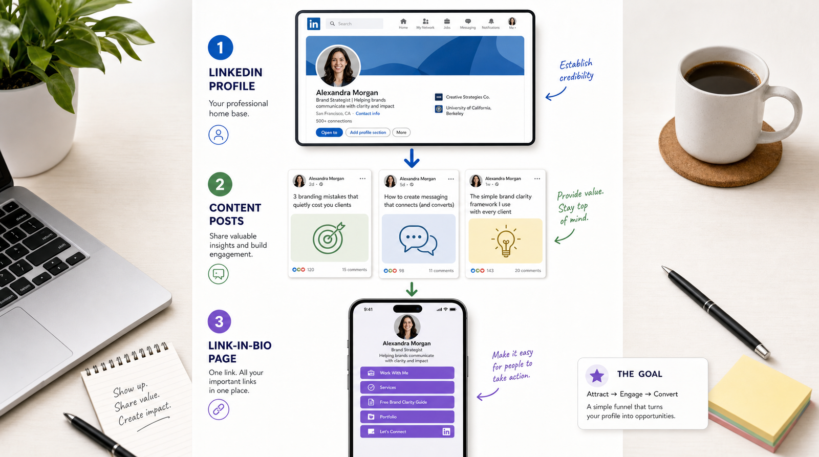 A step-by-step visual flow showing a LinkedIn profile connected through content posts to a link-in-bio page, illustrating the traffic funnel from professional networking to a centralized hub