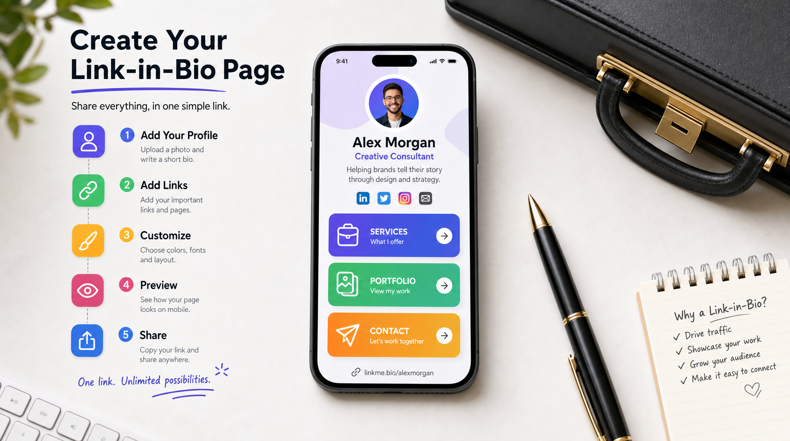 A smartphone displaying a polished professional link-in-bio page with organized sections for services, portfolio, and contact information, alongside a briefcase and pen on a clean desk
