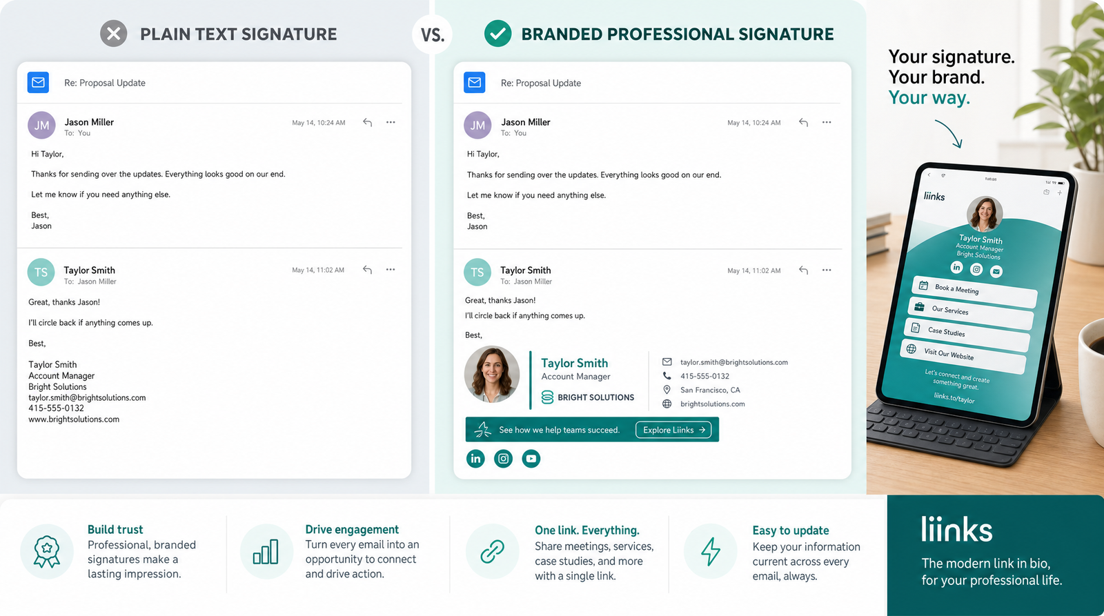 A split-screen comparison of two email conversations: one ending with a plain text signature and the other with a visually branded professional signature featuring a headshot, accent color bar, and clean contact layout