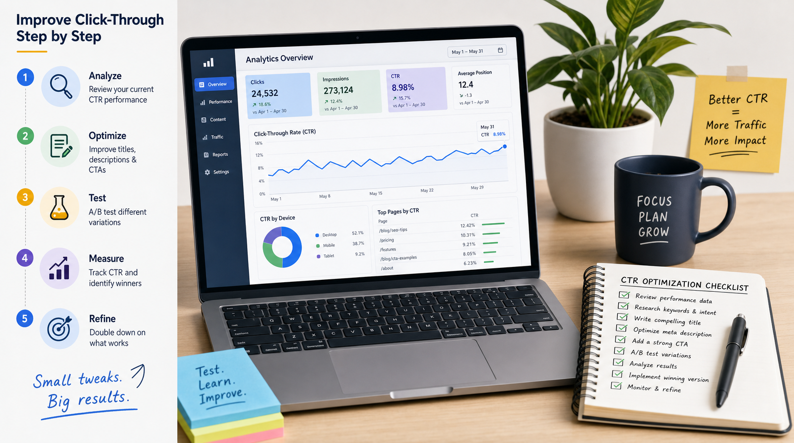 A laptop showing an analytics dashboard with click-through graphs alongside a notebook with a checklist on a clean desk