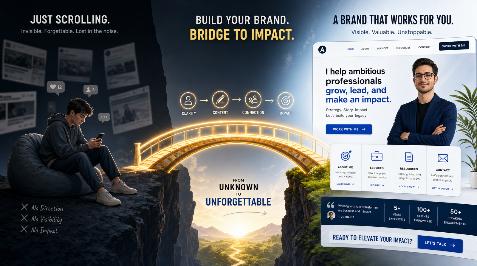 A split-screen showing a casual creator scrolling their phone on one side and a polished professional brand presence with organized sections and clear call-to-action buttons on the other, connected by a glowing bridge