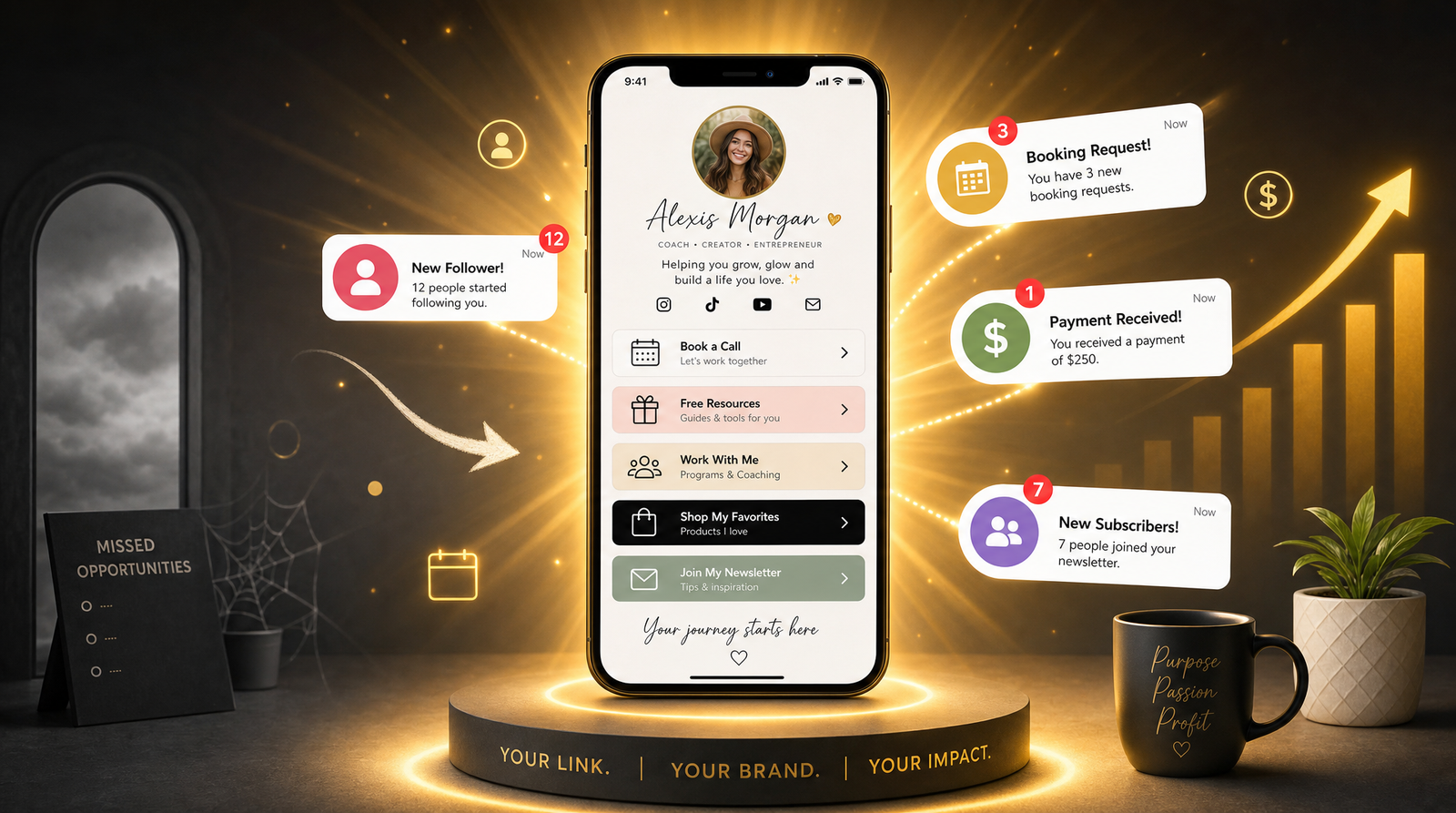 A smartphone displaying a polished link-in-bio page with professional sections, surrounded by floating notification badges showing new followers, booking requests, and payment confirmations, with a warm golden glow radiating outward