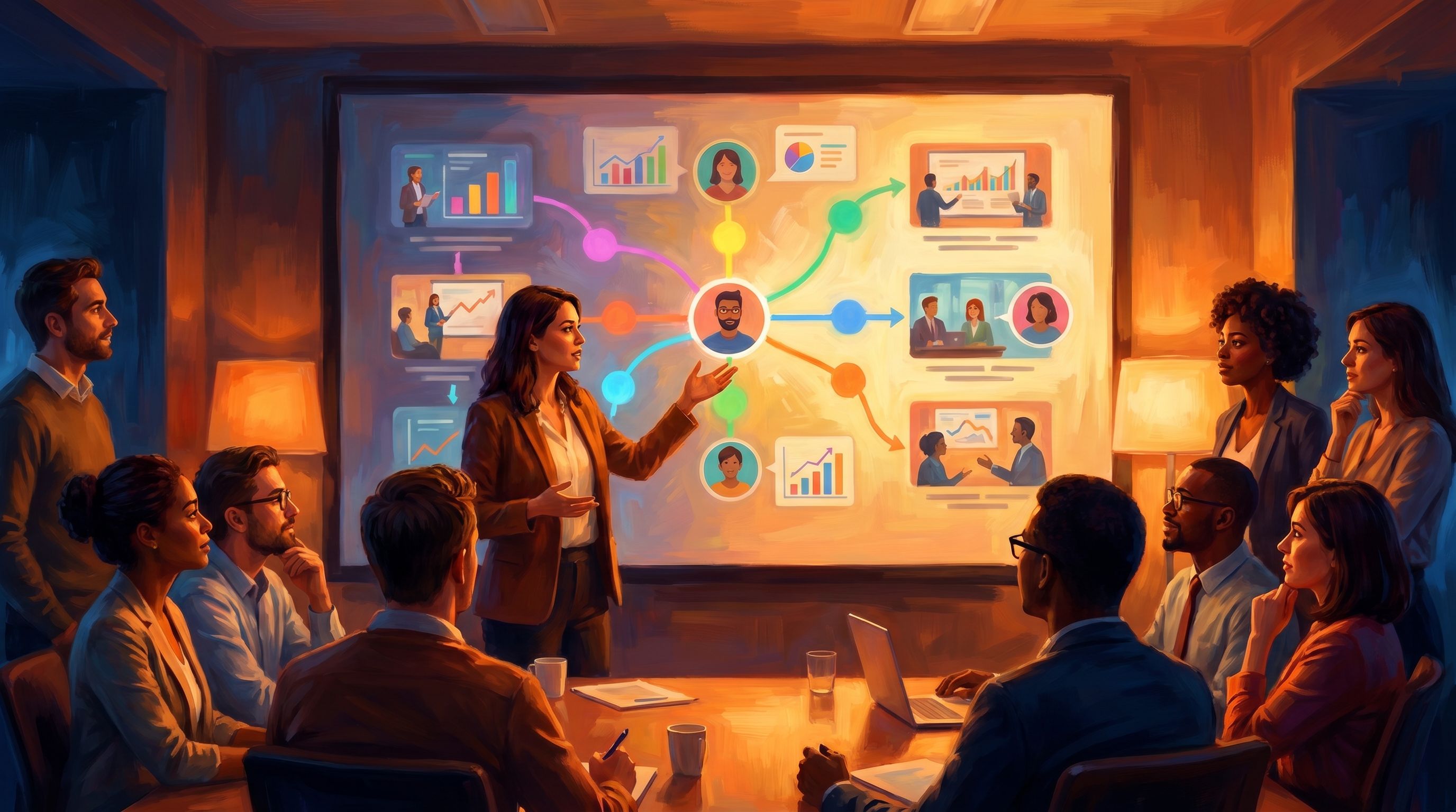 a UX researcher presenting an interactive branching story on a large screen to a mixed team of execu